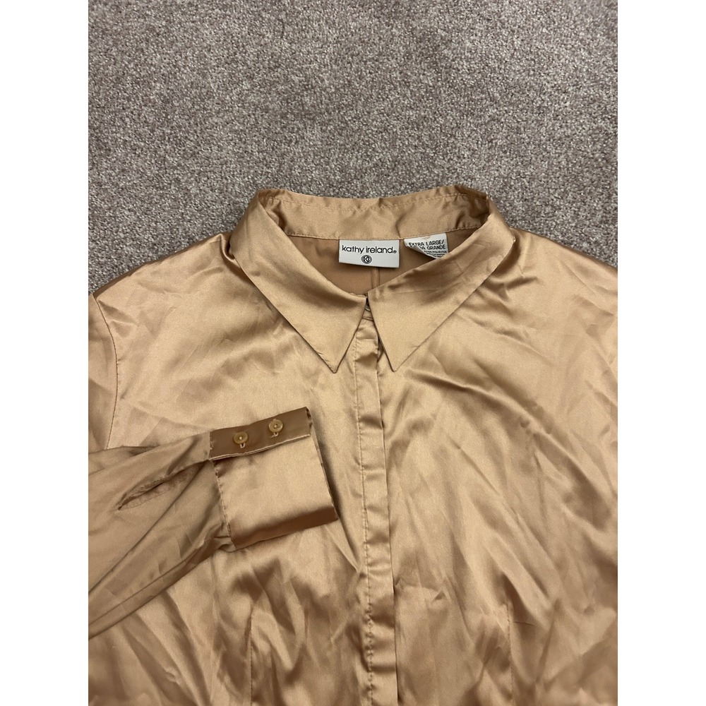 Kathy Ireland Blouse Womens XL Gold Excellent Satin Long Sleeve Button Down Top - Picture 8 of 14
